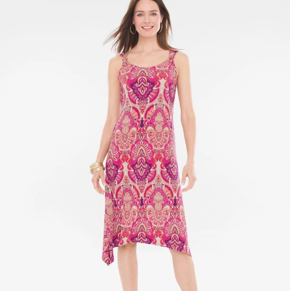 Chicos Flowy Sharkbite Hem Midi Resortwear Boho Beach Feminine Pool Dress L‎